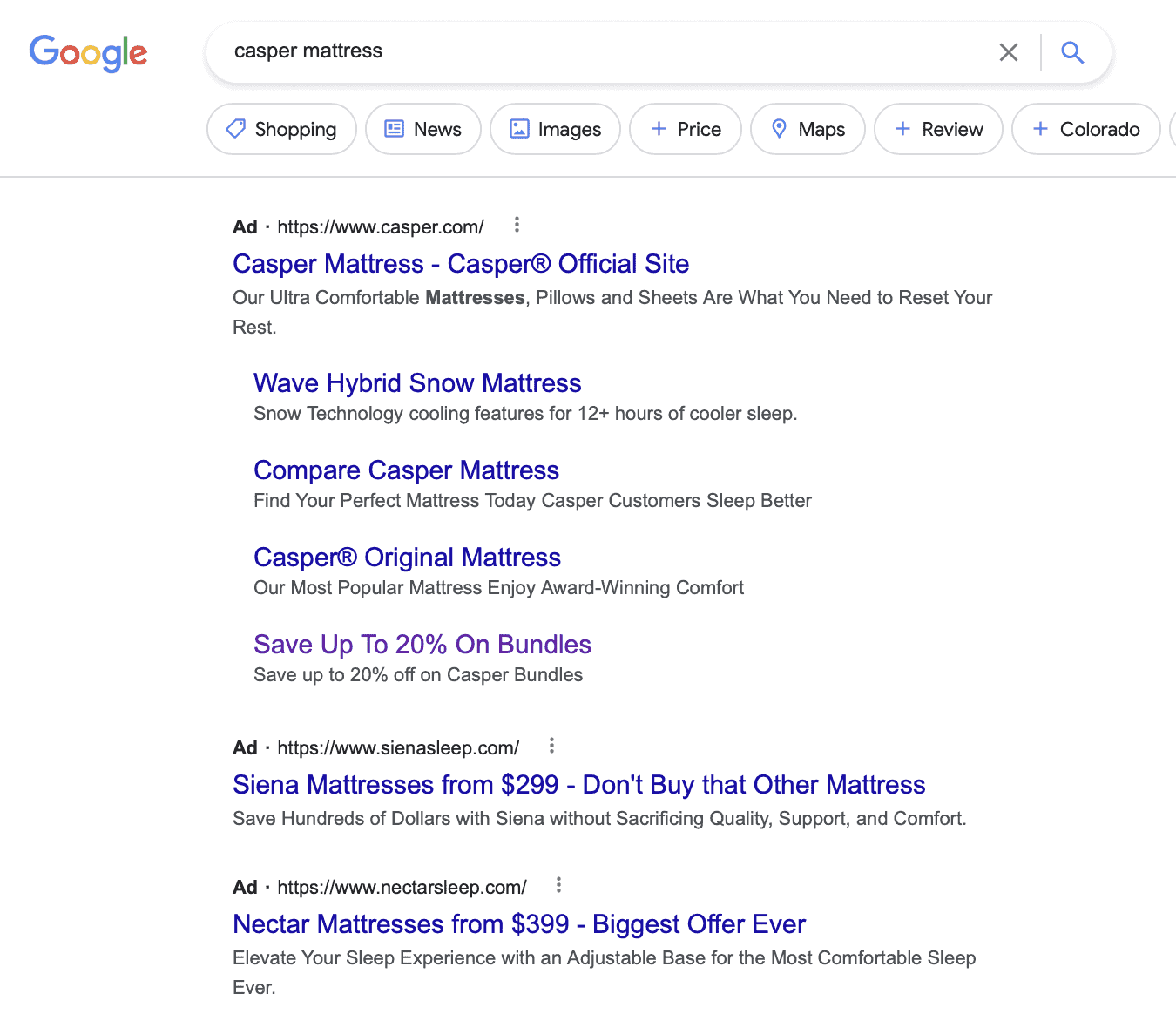 A Sample Ad for Casper Mattress on Google SERPs