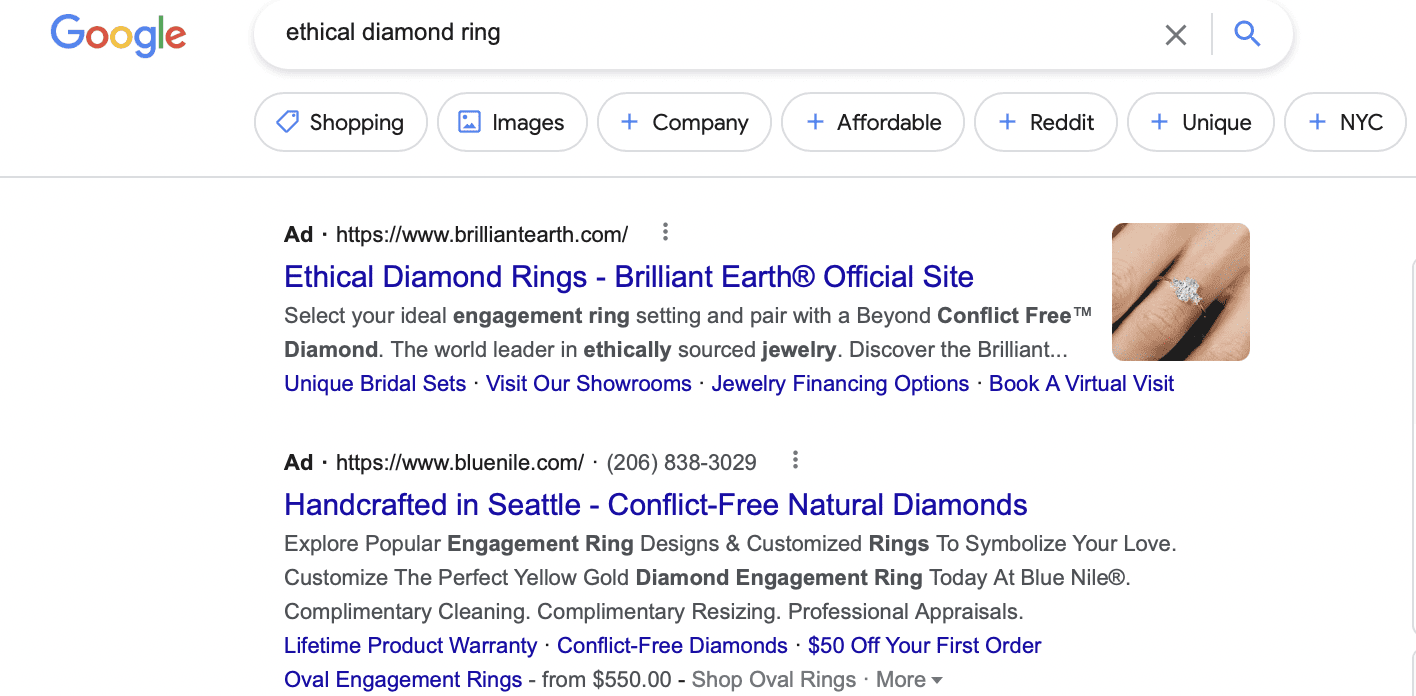 A Sample Ad for Ethical Diamond Ring on Google SERPs
