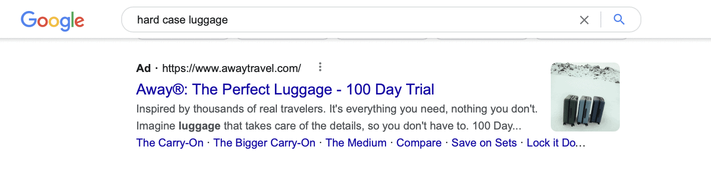 A Sample Ad for Hard Case Luggage on Google SERPs