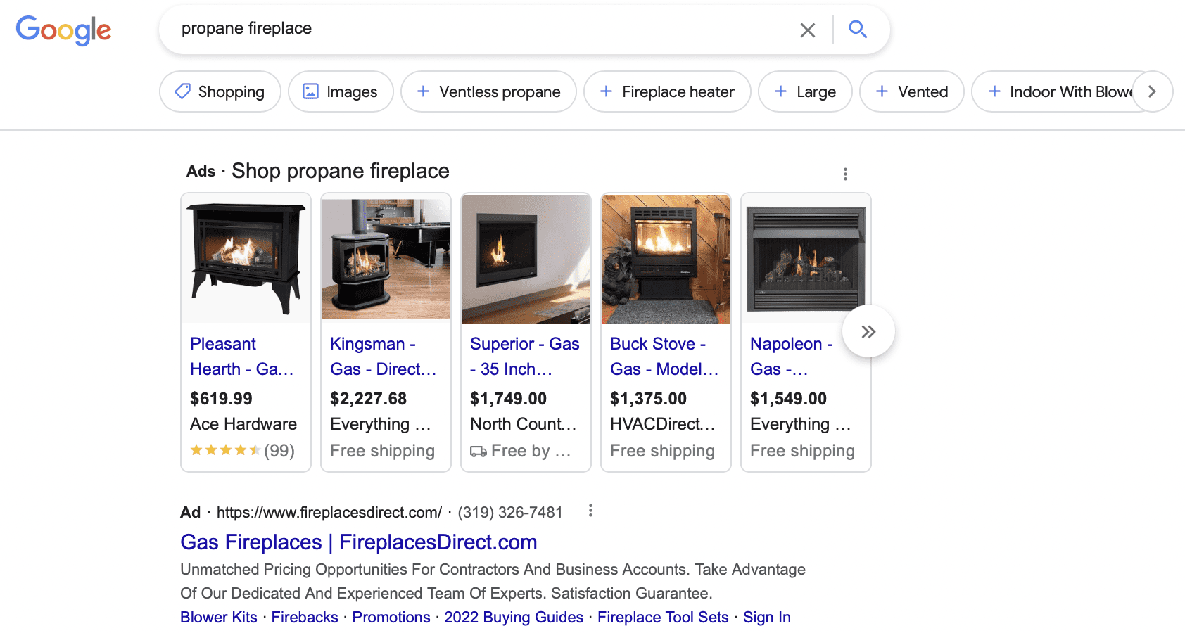 A Sample Ad for Propane Fireplace on Google SERPs