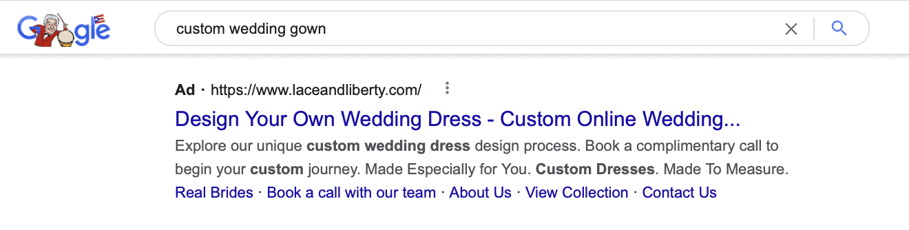 A Sample Ad for Custom Wedding Gown on Google SERPs