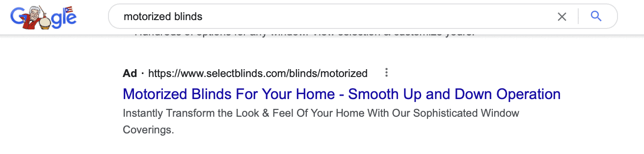 A Sample Ad for Motorized Blinds on Google SERPs