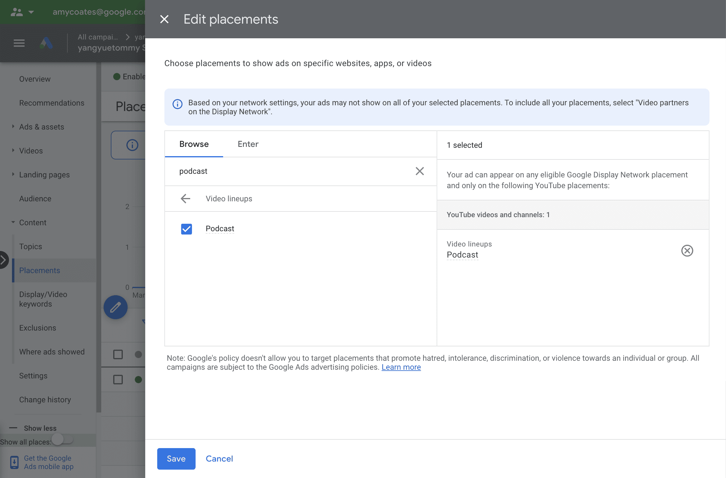 Screenshot of the menu to edit placements in the Google Ads UI