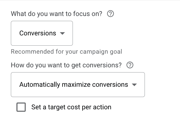 Google Ads campaign goal conversions with bid strategy maximize conversions.