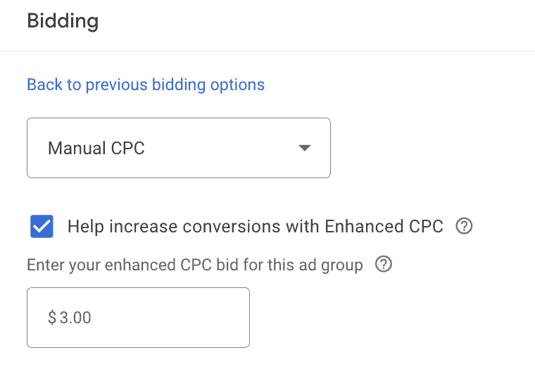 Google Ads bidding strategy manual CPC with enhanced CPC enabled to increase conversions.