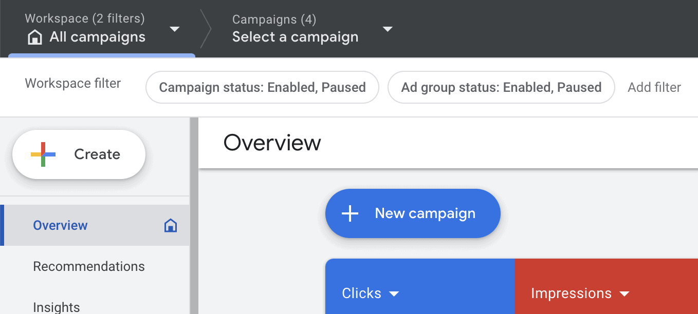 Google Ads platform "create" button