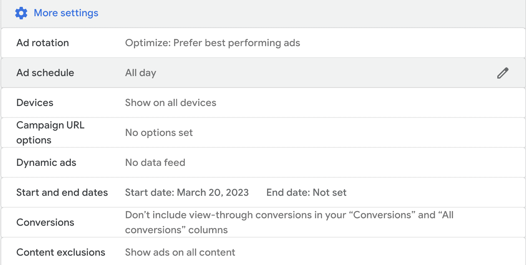 Google Ads campaign "more settings" include ad rotation, ad schedule, devices, and more