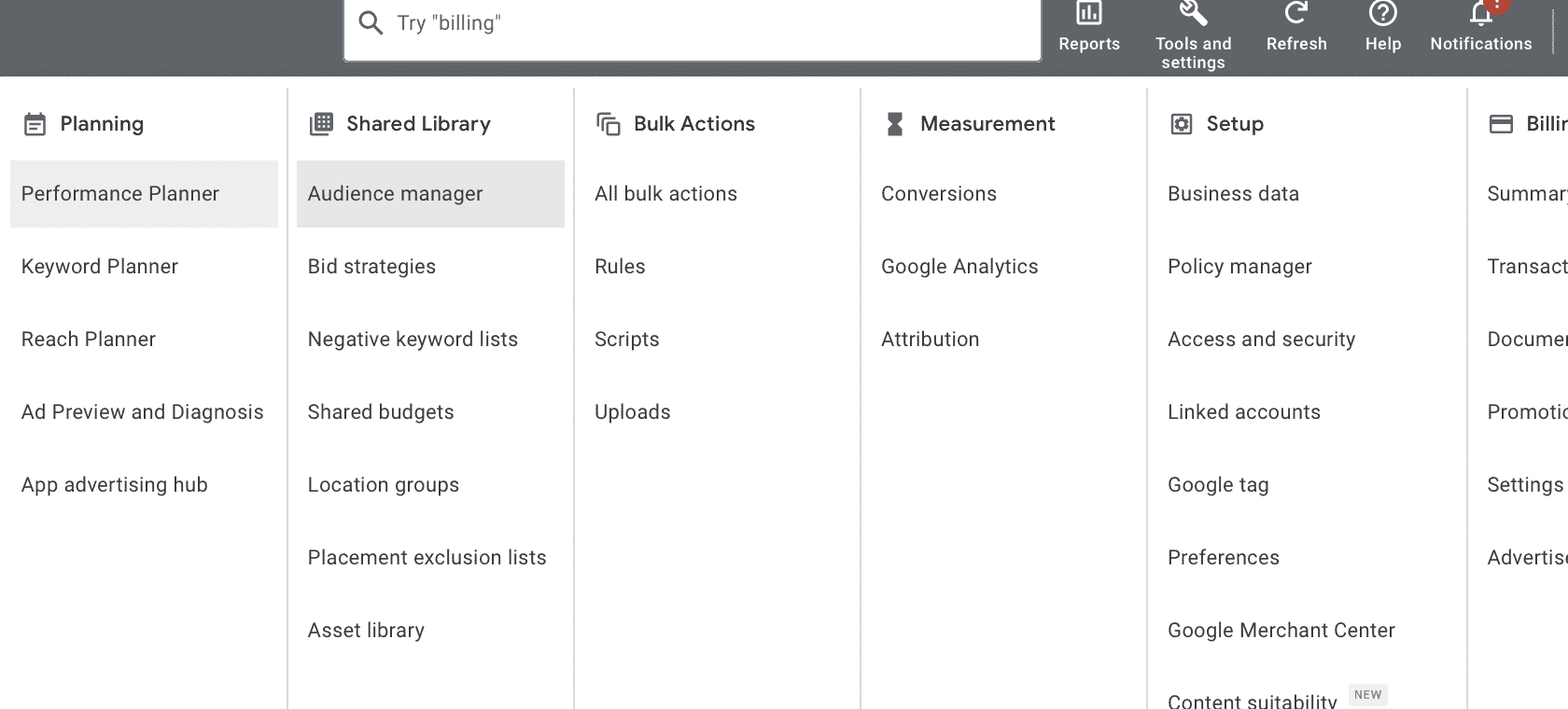 Google Ads platform with the Toold and Settings drop-down menu open and Audience Manager selected