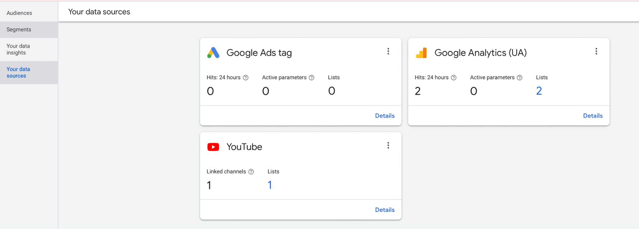 Audience Manager screen with connected sources Google Ads and Google Analytics tags
