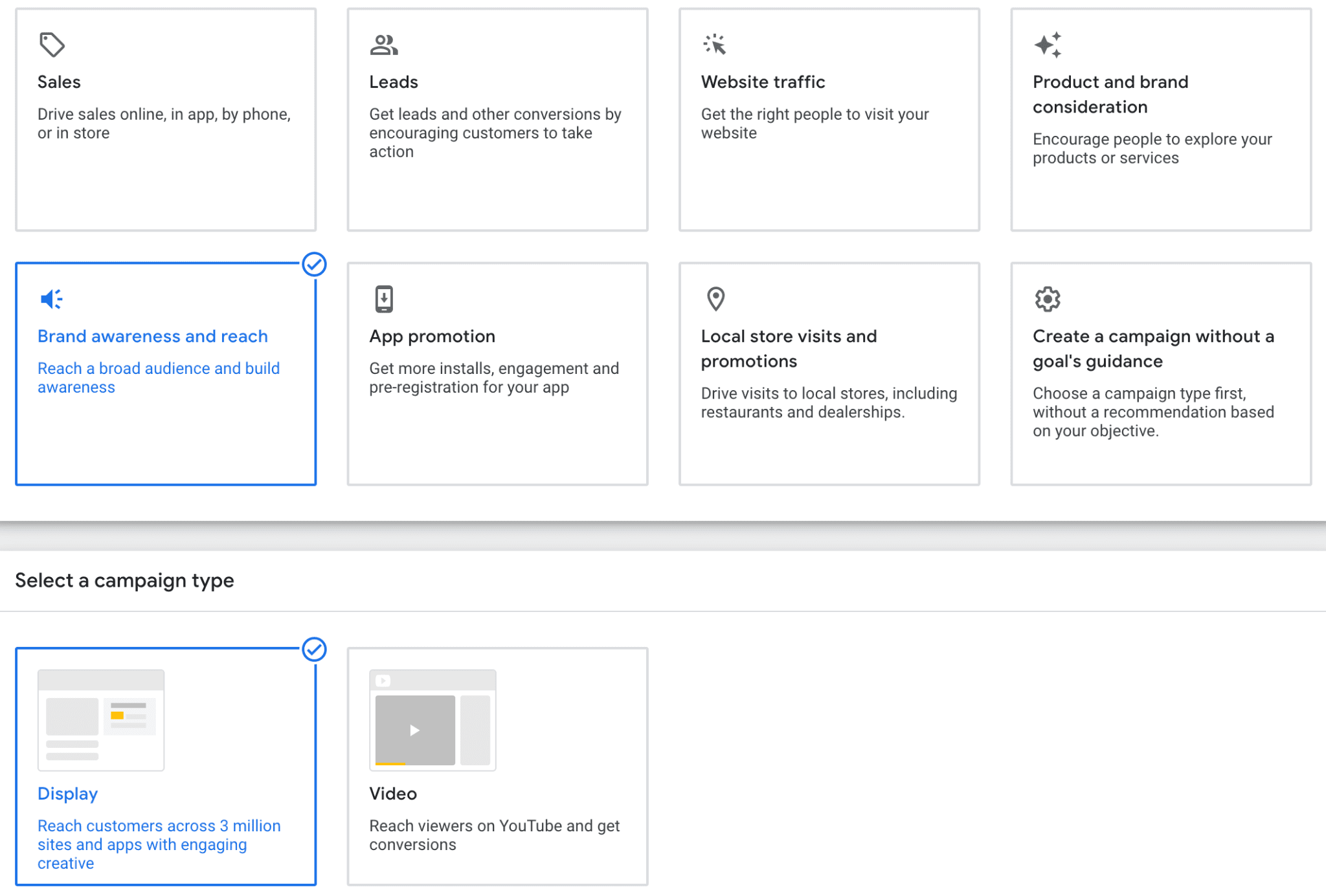 Google Ads campaign goals screen: select a campaign type