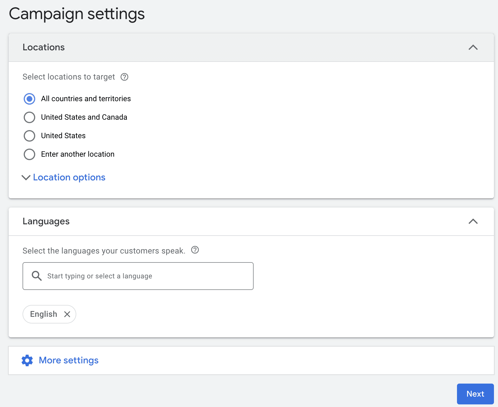 Google Ads campaign settings: choose  targeting locations and languages