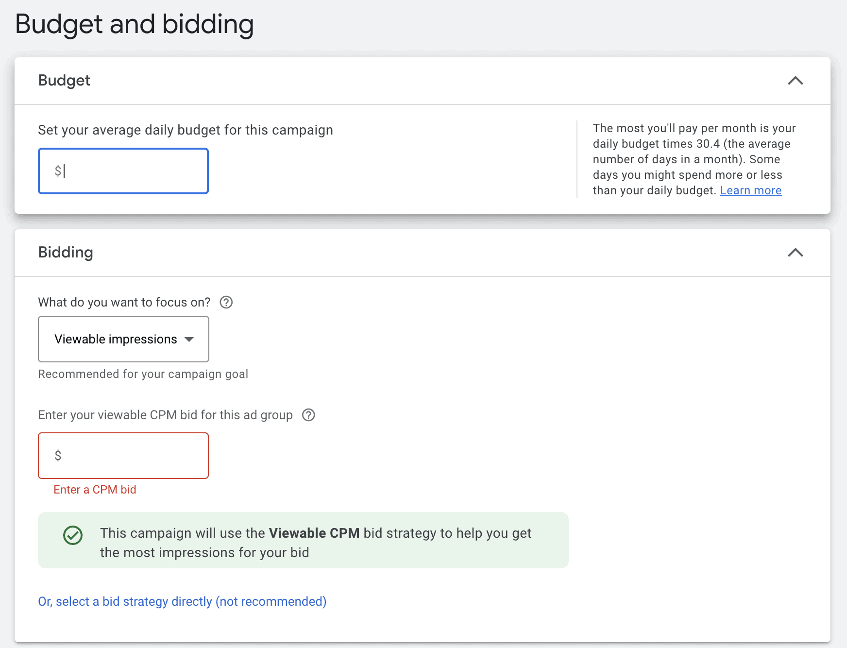 Settings screen for daily budget and bidding strategy. Focus on viewable impressions with the option to enter a CPM bid cap