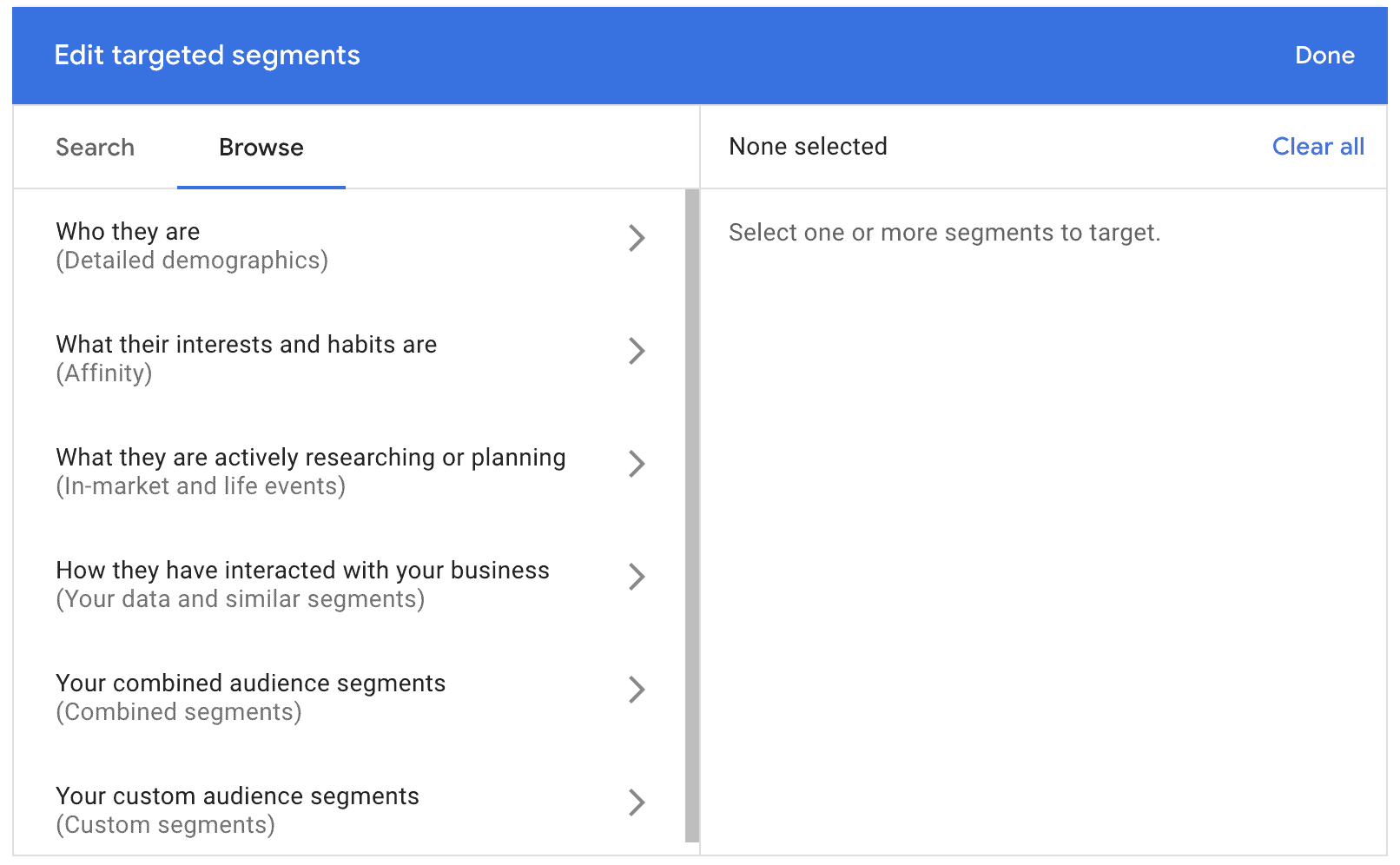 Browse targeted segments. Select "How they have interacted with your business"