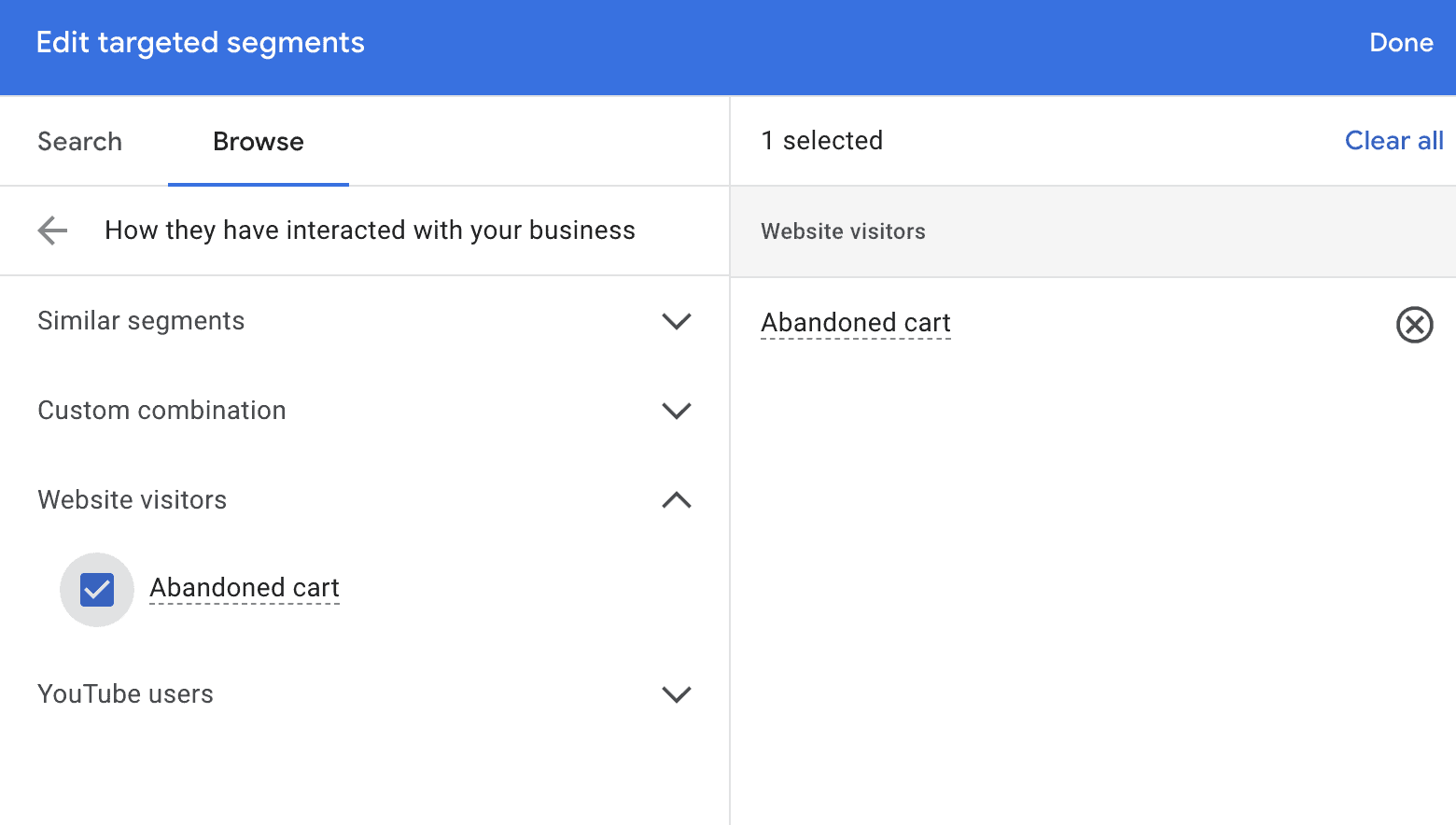 Audience targeting options. Choose website visitors and select Abandoned cart as the targeted segment.