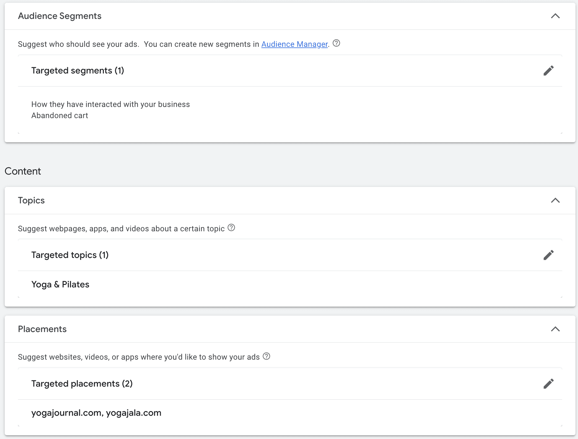Google Ads campaign targeting. Selected audience segment, targeted topics Yoga & Pilates, and targeted placements with 2 yoga-related websites