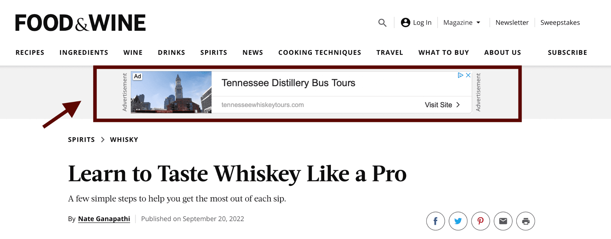 Display banner ad for Tennesee Distillery Bus Tours highlighted at the top of the Food & Wine website.