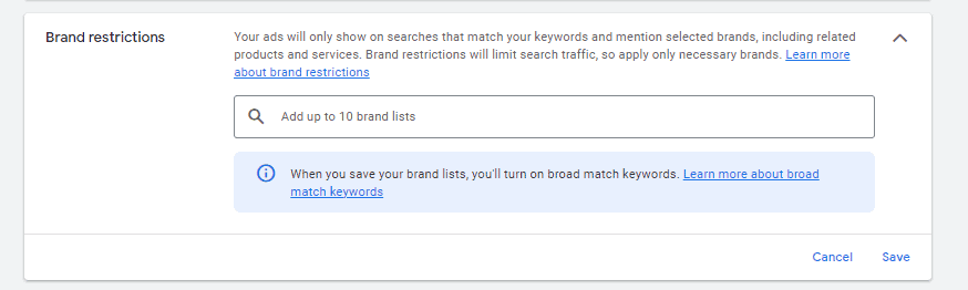Google Ads Brand Restrictions campaign setting