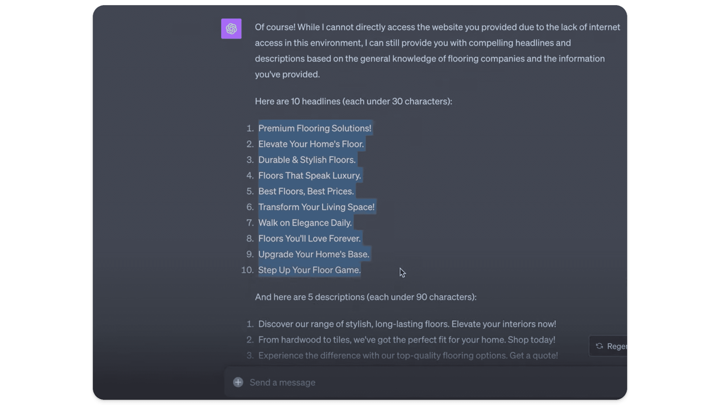 Headlines and descriptions generated by ChatGPT using the prompt above